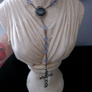 Elegant Silver and Blue Rosary Necklace